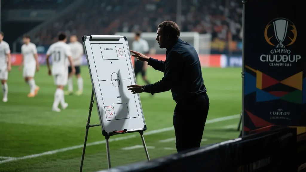 教练在场边指挥，战术板与球员剪影，紧张而克制的氛围