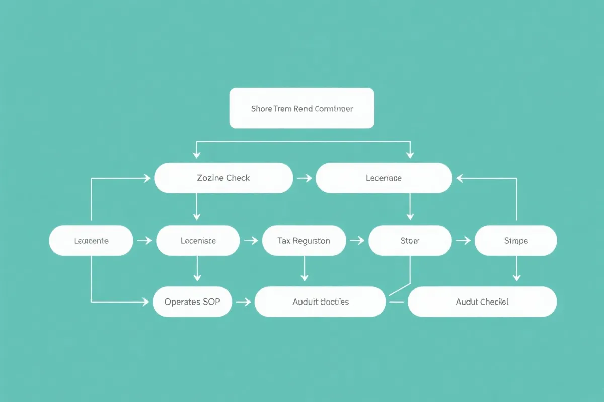 短租合规流程图：分区核查、许可申请、税务登记、运营风控与持续审计的步骤